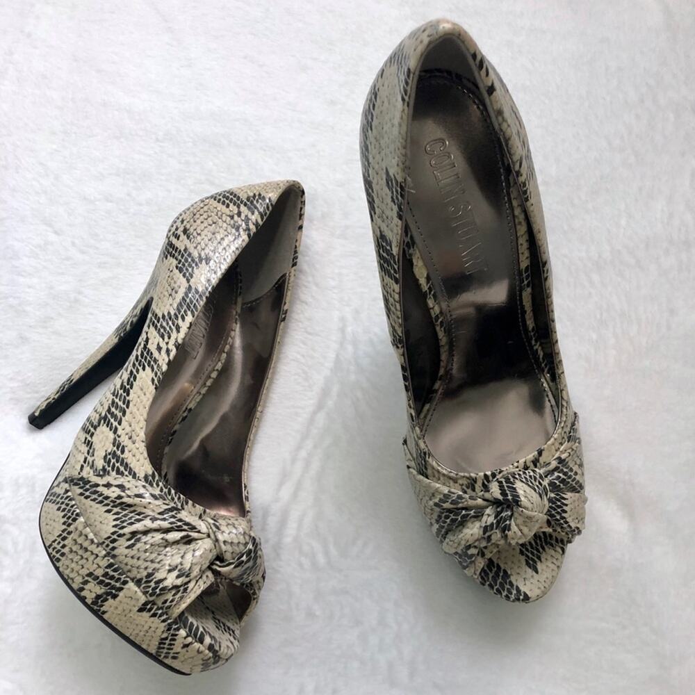 Colin Stuart snake print peep toe heels bow pumps size 7.5 NWOB